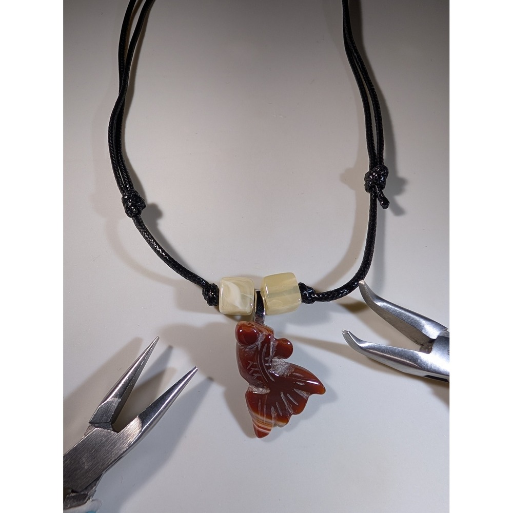 Carved Carnelian Goldfish Pendant Necklace Adjustable Cord Gemstone Jewelry